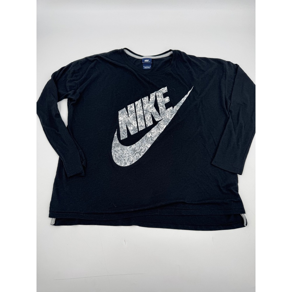 Nike Long Sleeve T Shirt Black Floral Logo Women's Size M Blue Tag Y2K